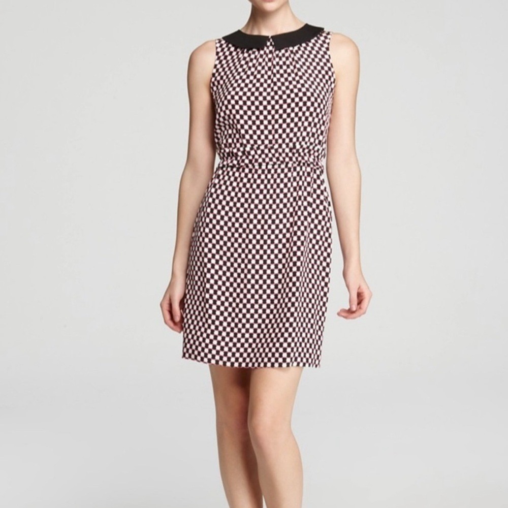 Chic Checkerboard Collar Dress Women's Sleeveless Sheath‎ Belted Black White